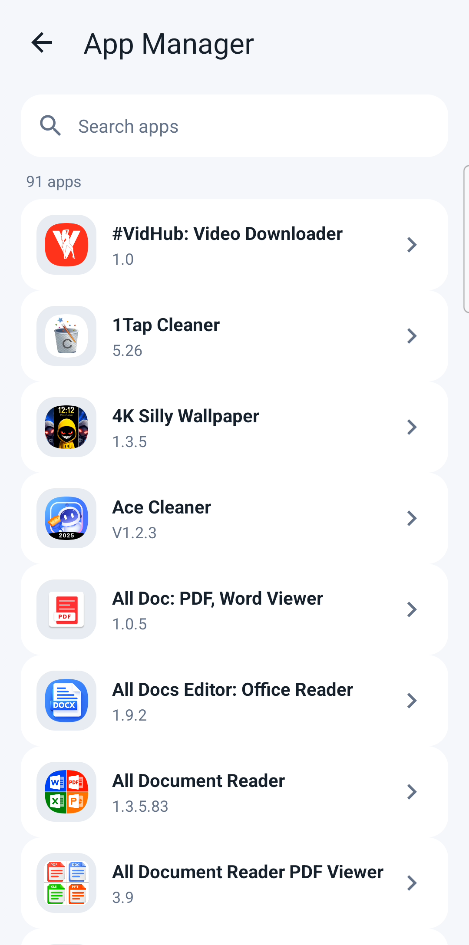 App Manager screen listing installed apps