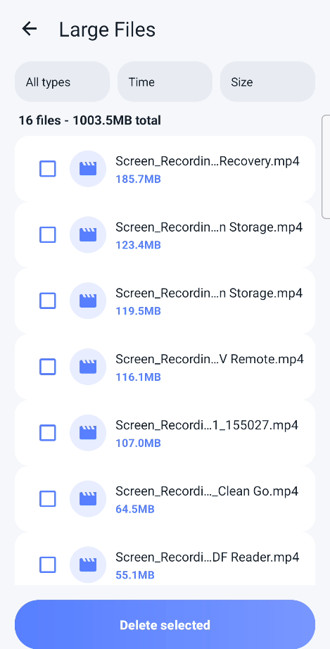 Large Files screen listing large videos with delete options