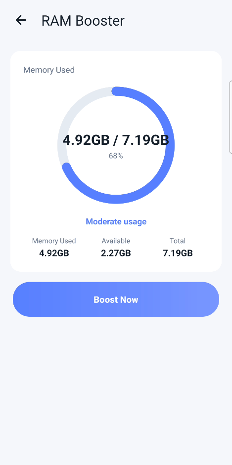 RAM Booster screen showing memory usage and a Boost Now button