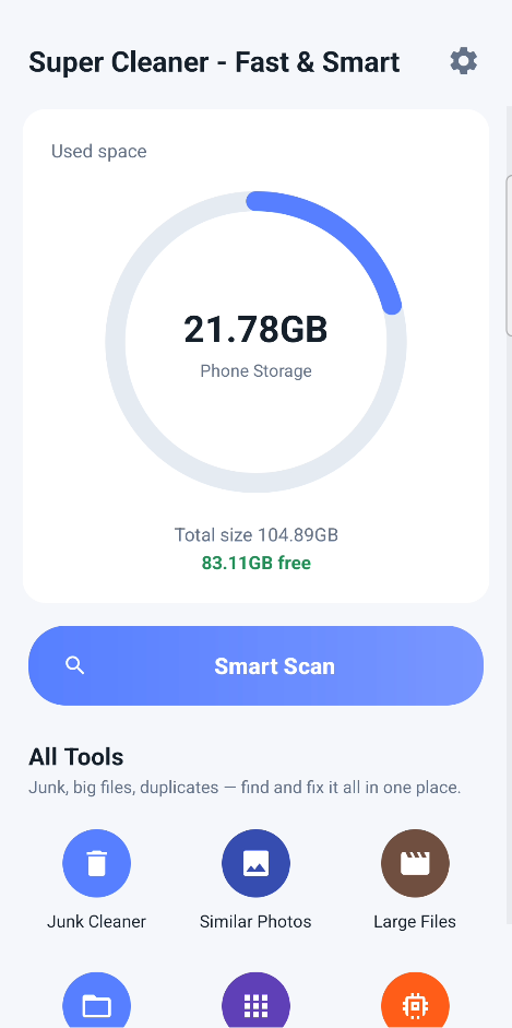 Super Cleaner app home screen with storage usage and Smart Scan