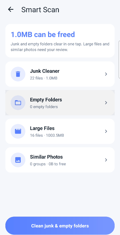 Smart Scan screen with junk, empty folders, large files and similar photos
